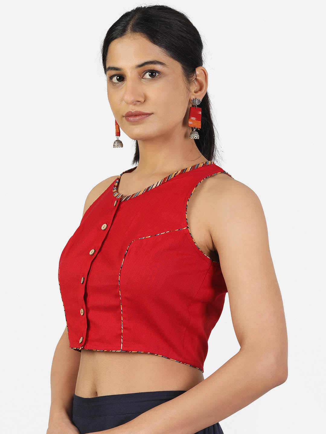 Women Red Non Padded Front Button Sleeveless Blouse