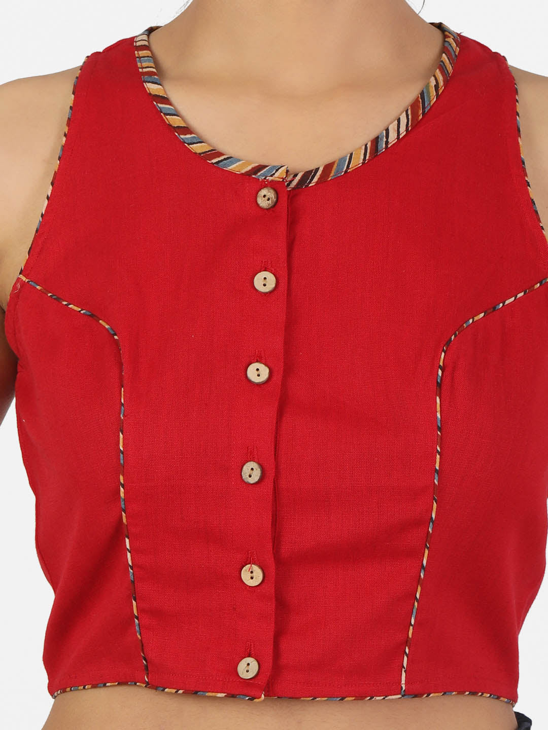 Women Red Non Padded Front Button Sleeveless Blouse