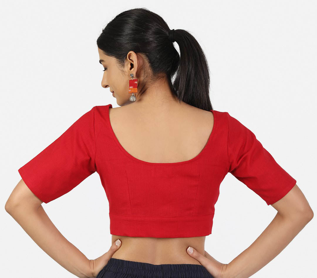 Women Red Non Padded front Button Mandrin collar Saree Blouse