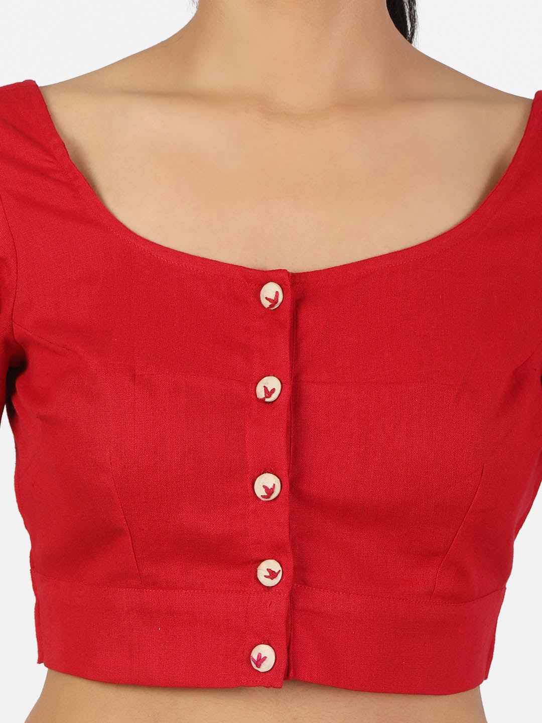Women Red Non Padded front Button Mandrin collar Saree Blouse