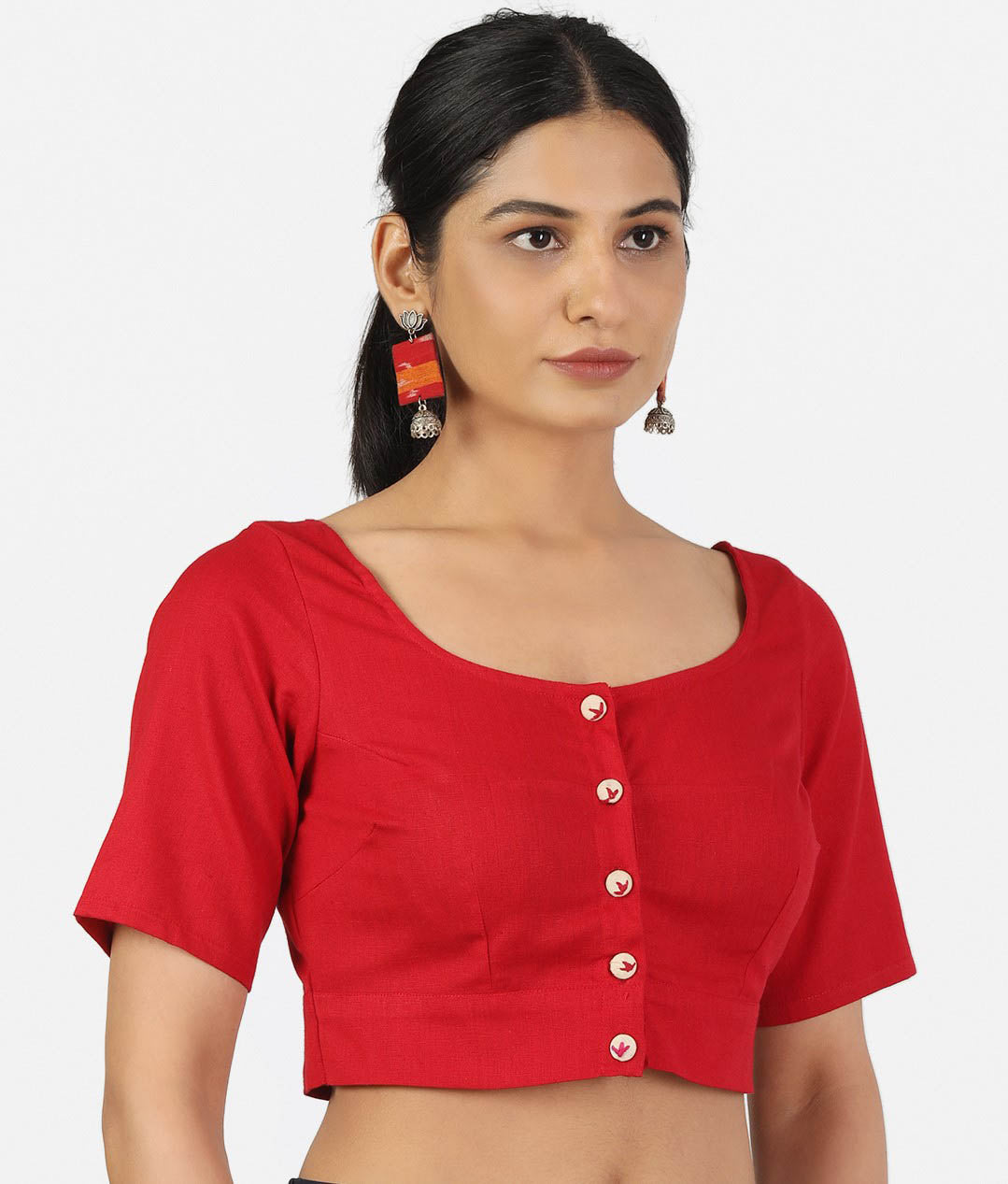 Women Red Non Padded front Button Mandrin collar Saree Blouse