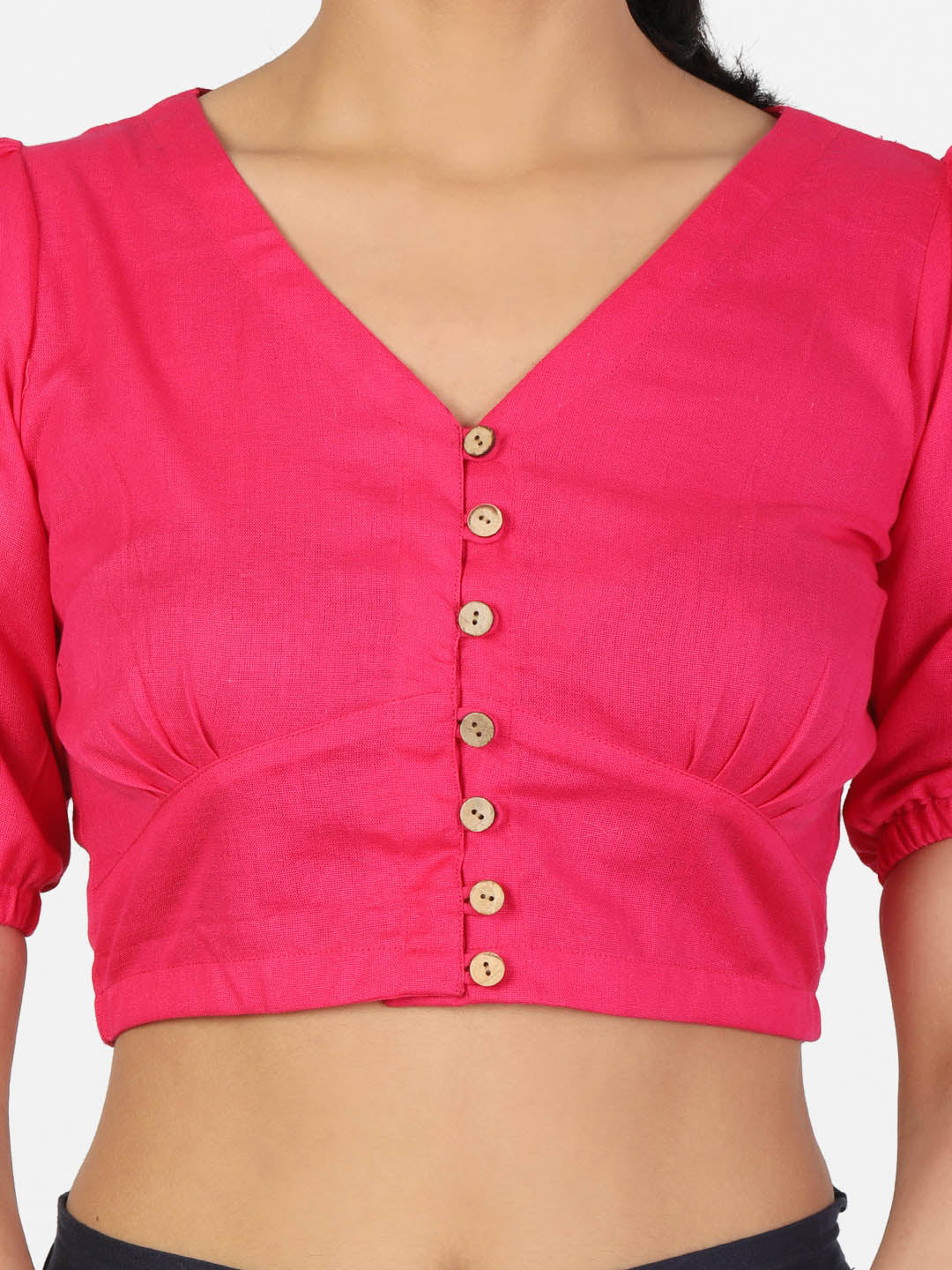 Women Solid Magenta half Sleeve V Neck Front Button Non Padded Saree Blouse