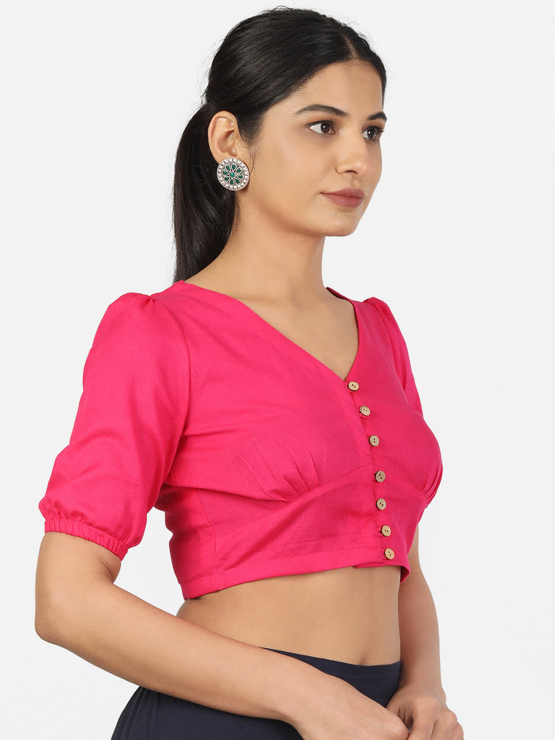 Women Solid Magenta half Sleeve V Neck Front Button Non Padded Saree Blouse