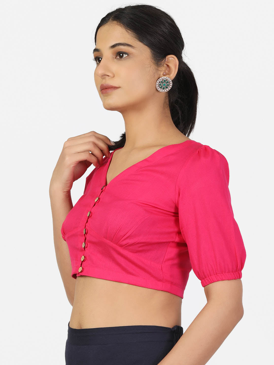 Women Solid Magenta half Sleeve V Neck Front Button Non Padded Saree Blouse