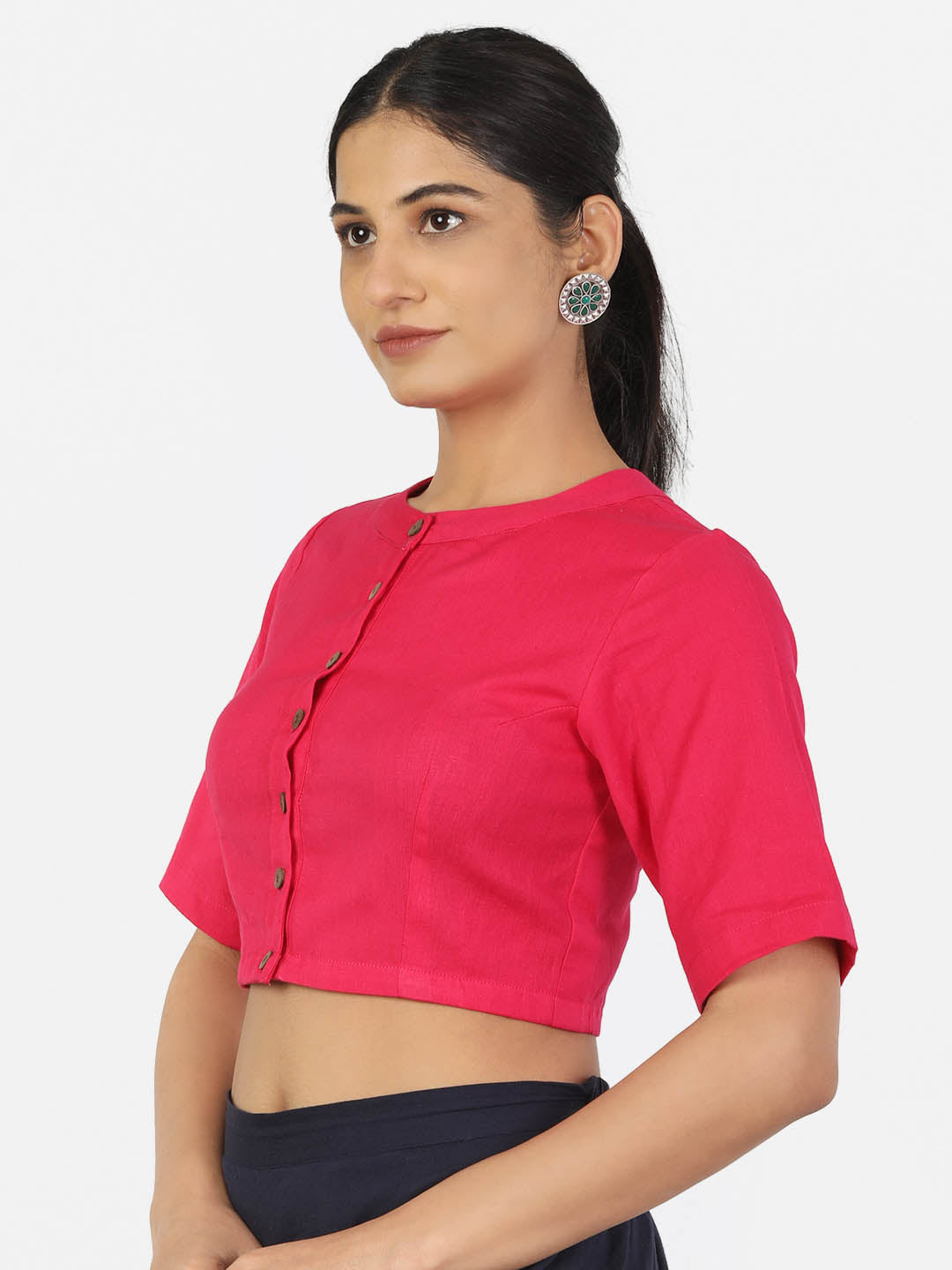 Women Magenta Non Padded front Button Mandrin collar Saree Blouse