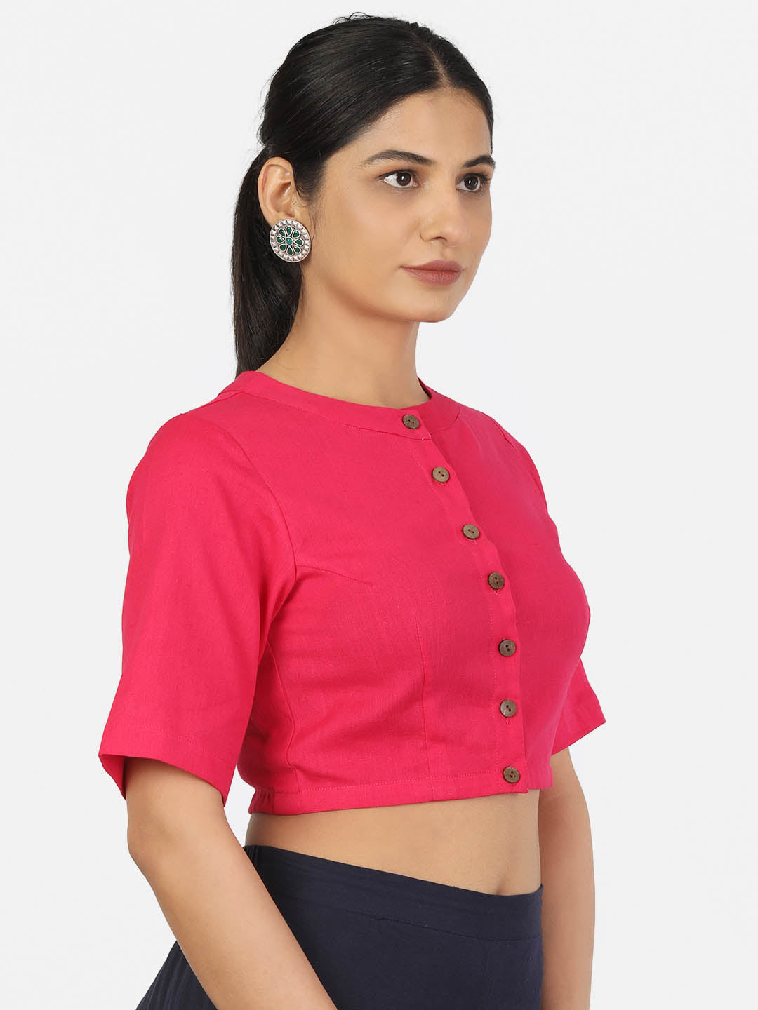 Women Magenta Non Padded front Button Mandrin collar Saree Blouse