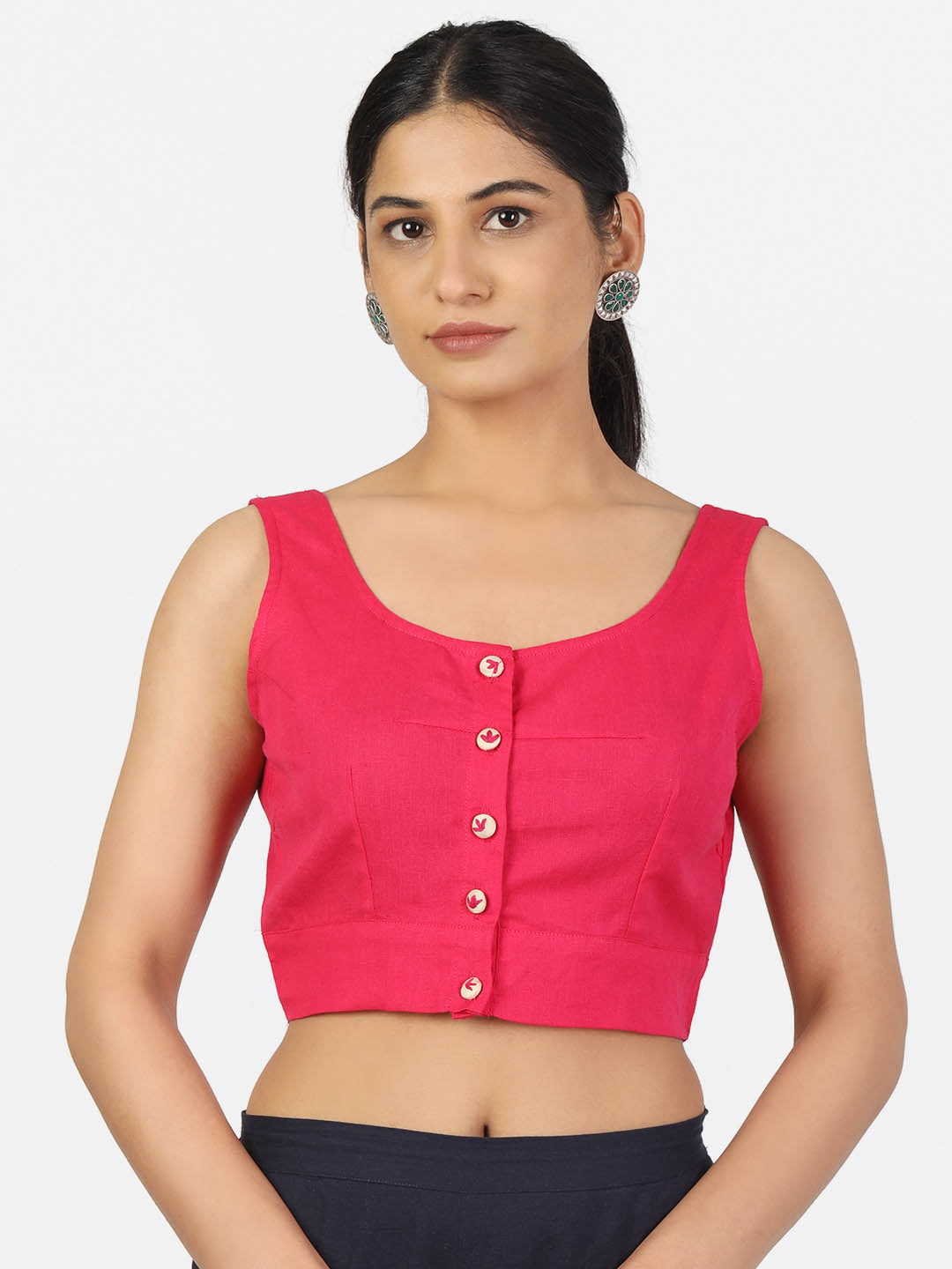 Women Magenta Non Padded front Button Round Neck Sleeveless Saree Blouse