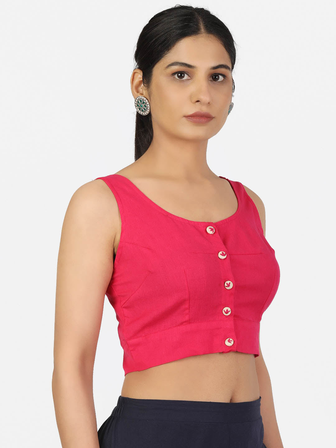 Women Magenta Non Padded front Button Round Neck Sleeveless Saree Blouse