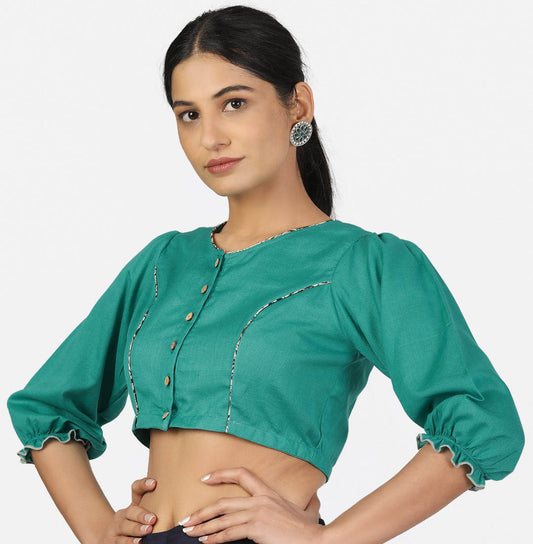 Women Solid Turquoise 3/4 Sleeve Saree Blouse