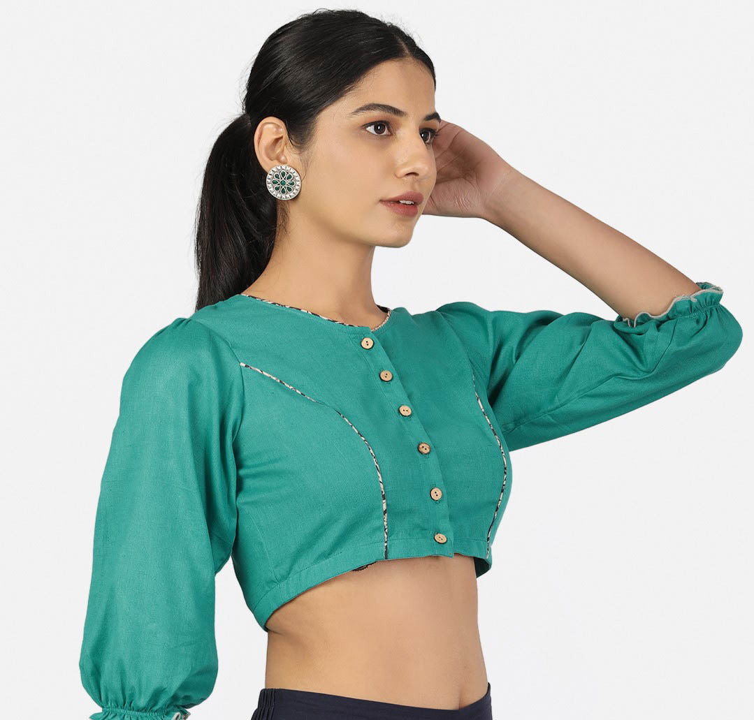 Women Solid Turquoise 3/4 Sleeve Saree Blouse