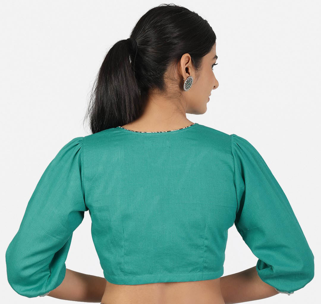 Women Solid Turquoise 3/4 Sleeve Saree Blouse