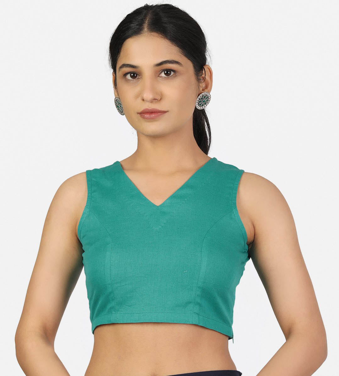 Women Teal Green V Neck Sleeveless Non Padded Blouse