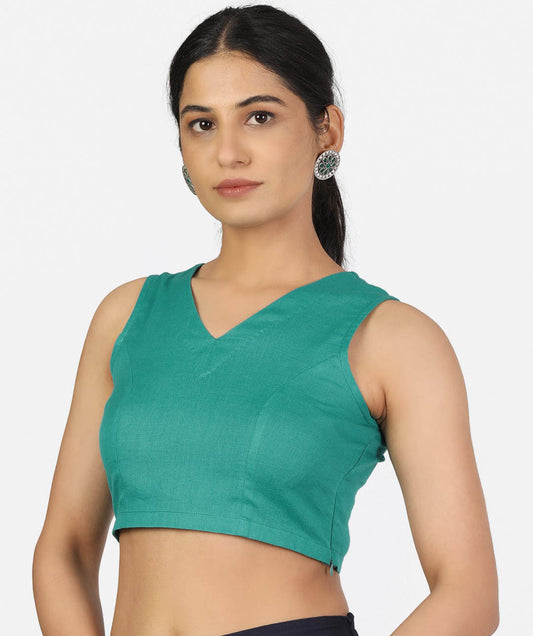Women Teal Green V Neck Sleeveless Non Padded Blouse