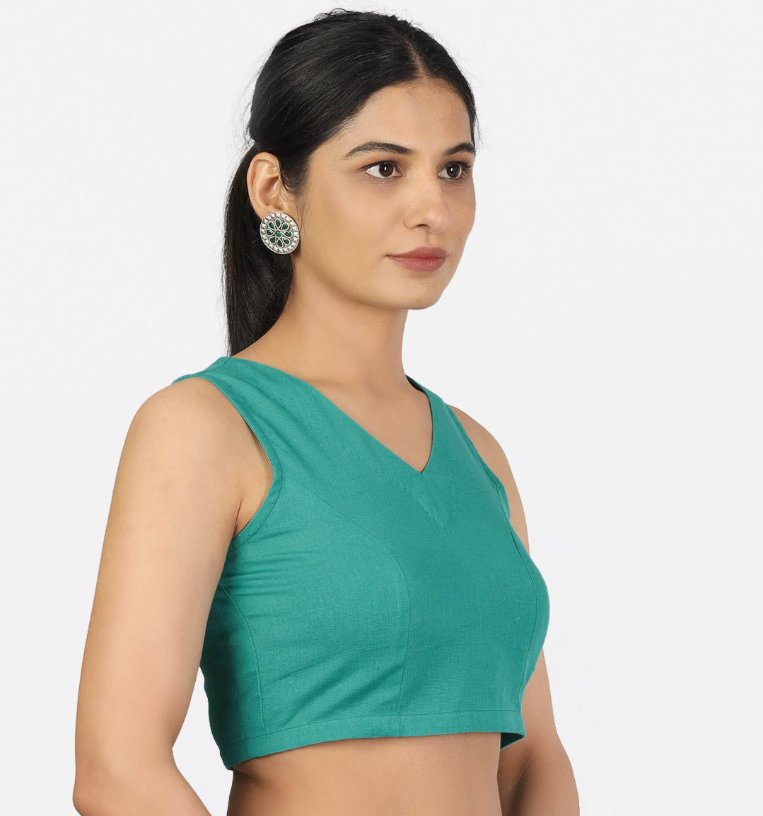 Women Teal Green V Neck Sleeveless Non Padded Blouse