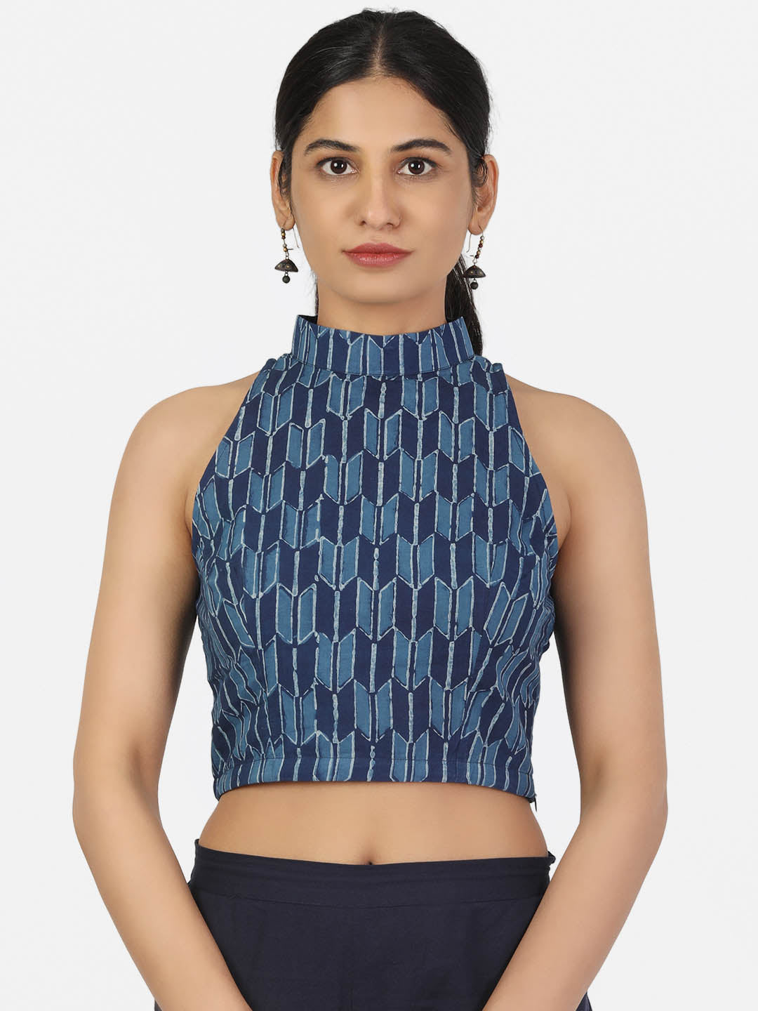 Women Indigo Non Padded Halter Neck Sleeveless Blouse