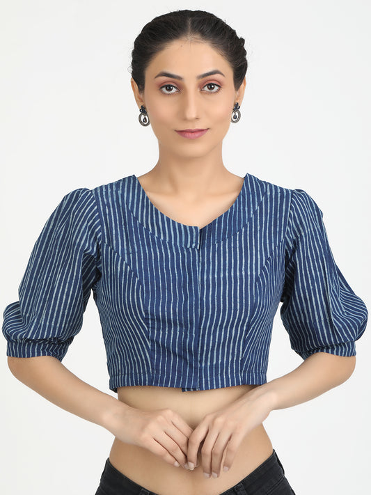 Indigo Blue block printed Striped saree blouse