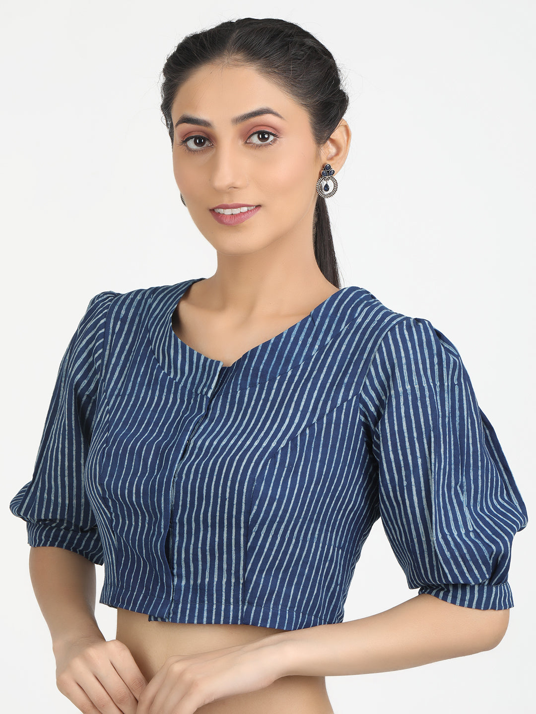 Indigo Blue block printed Striped saree blouse