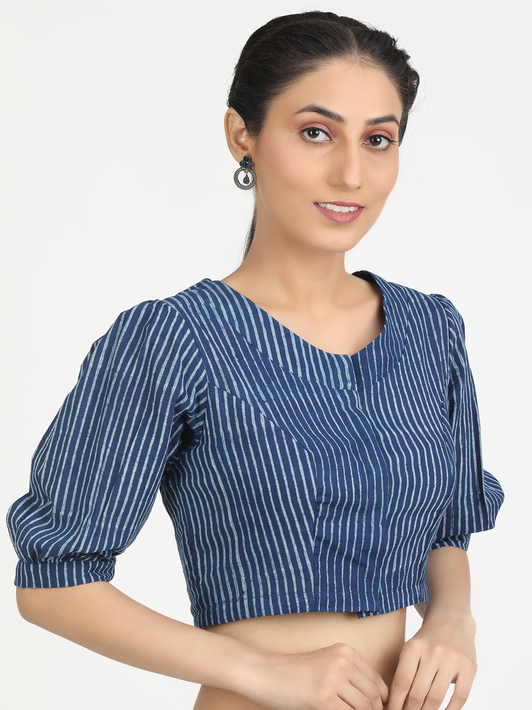 Indigo Blue block printed Striped saree blouse