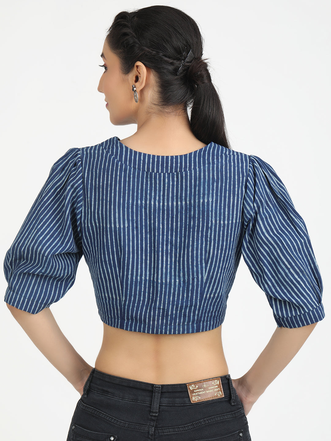 Indigo Blue block printed Striped saree blouse