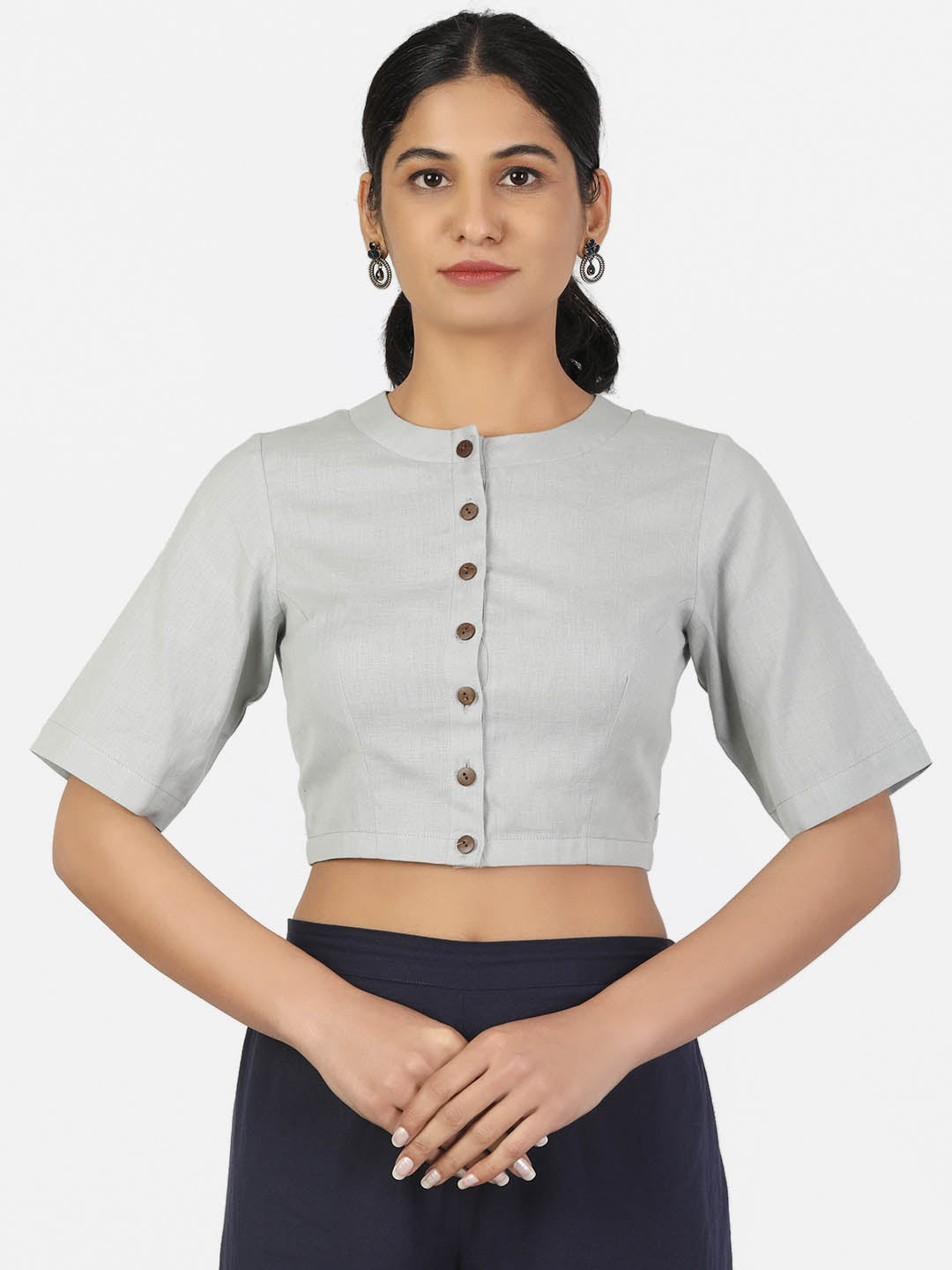 Women Grey Non Padded front Button Mandrin collar Saree Blouse
