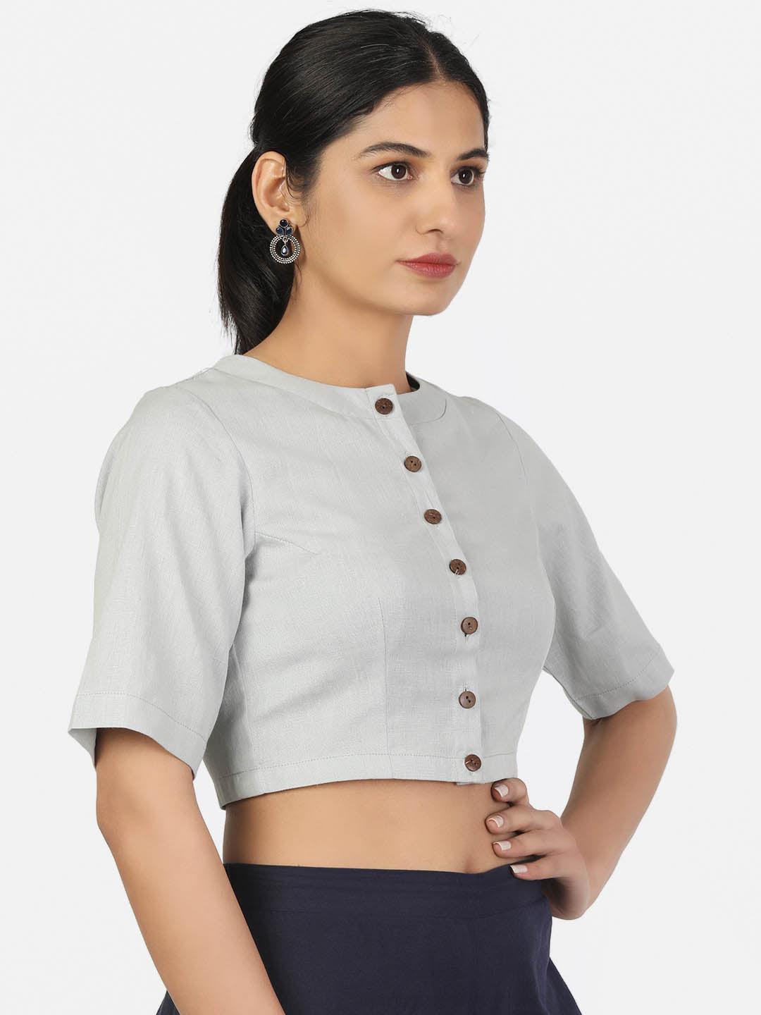 Women Grey Non Padded front Button Mandrin collar Saree Blouse