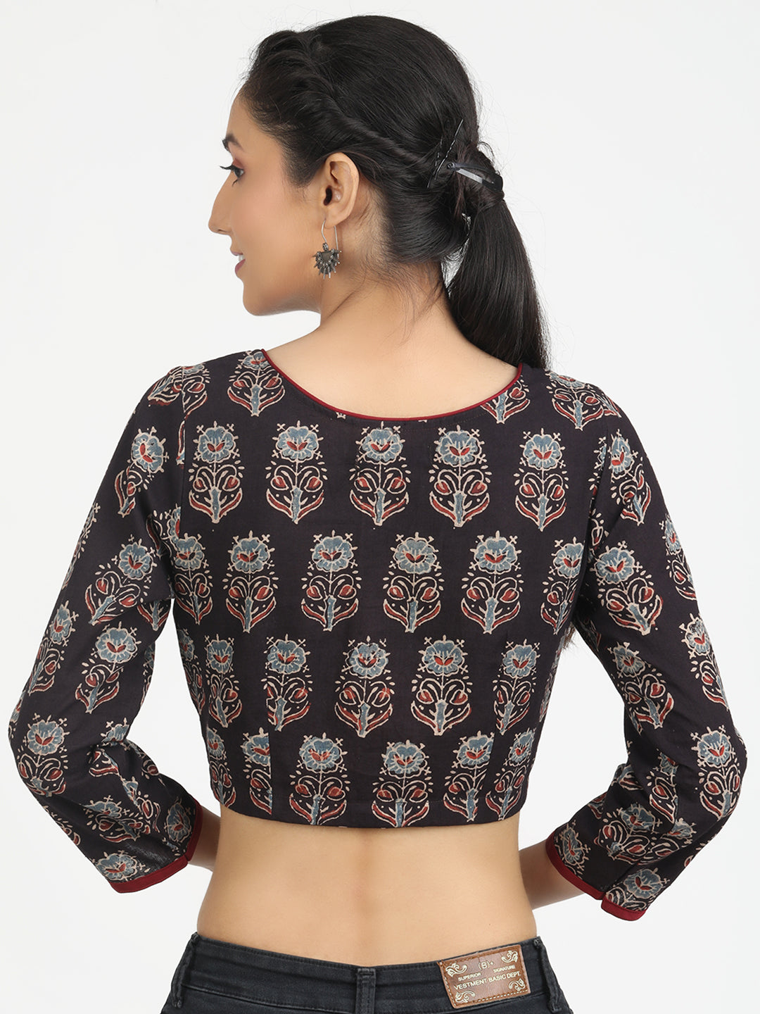 Black Ajrakh Block Printed saree Blouse