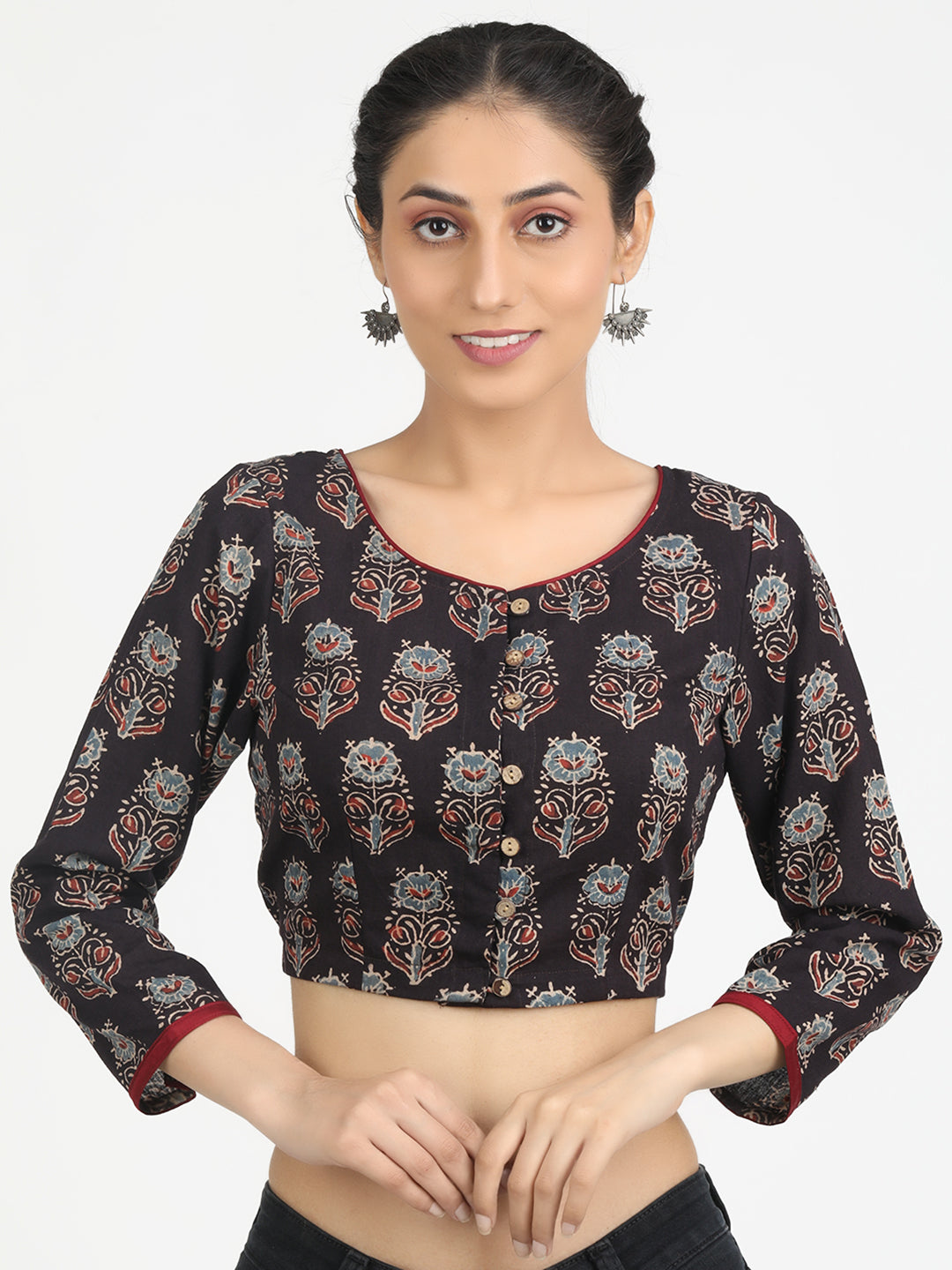 Black Ajrakh Block Printed saree Blouse