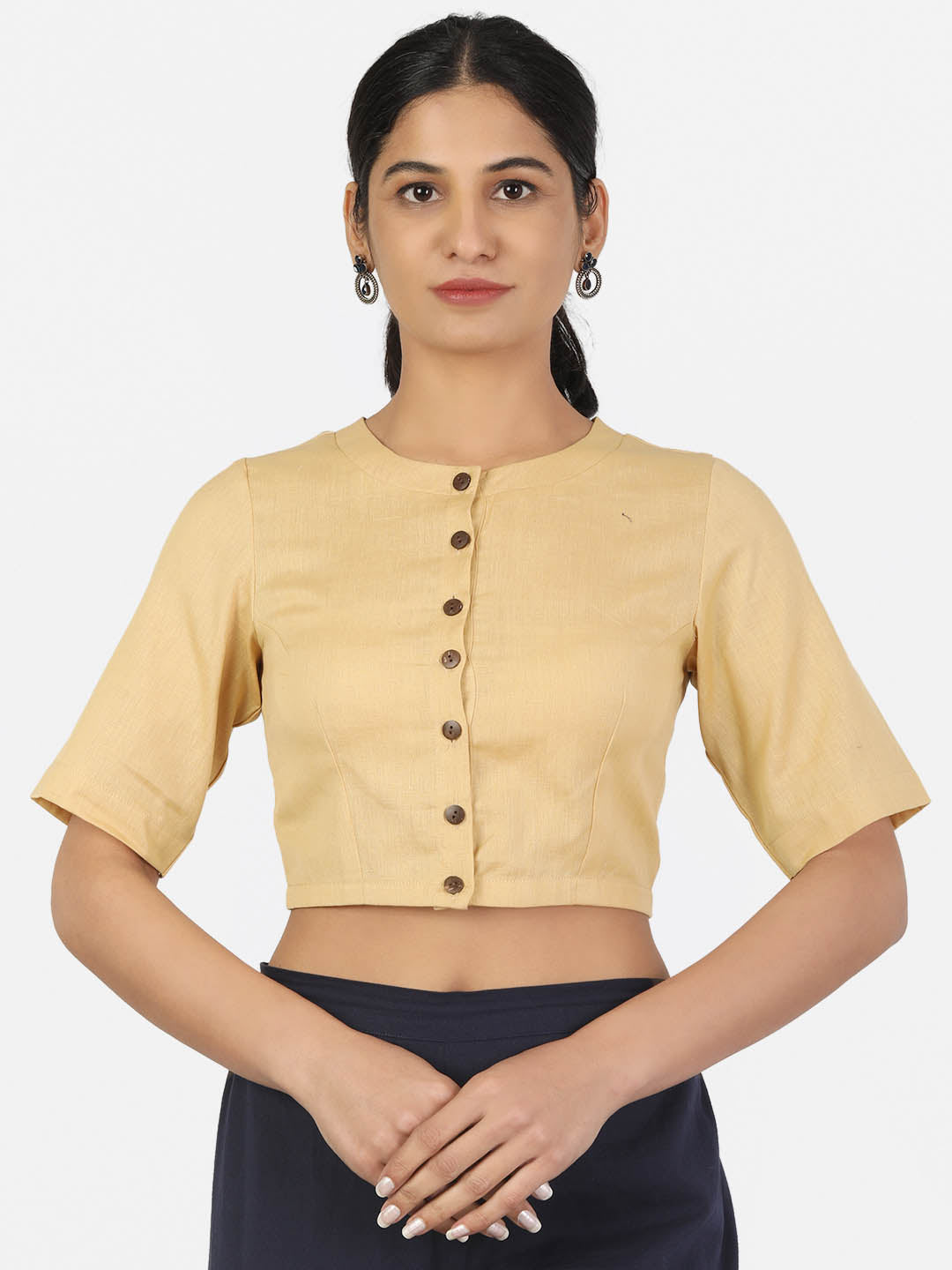 Women Beige Non Padded front Button Mandrin collar Saree Blouse