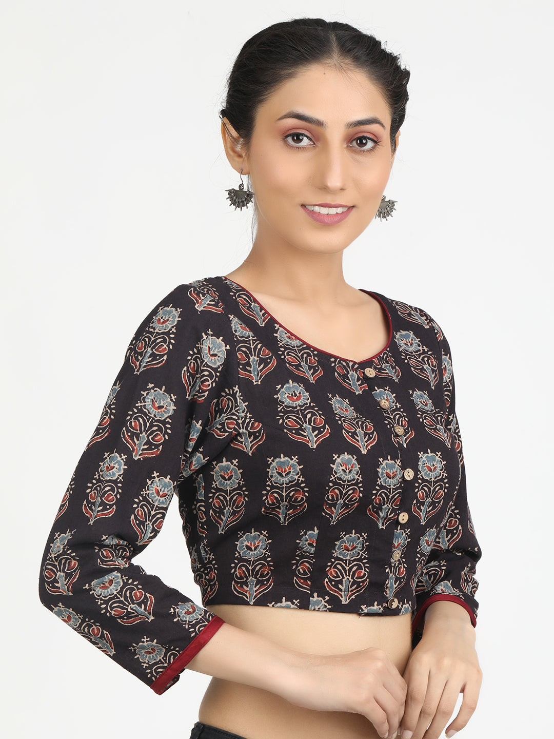 Black Ajrakh Block Printed saree Blouse