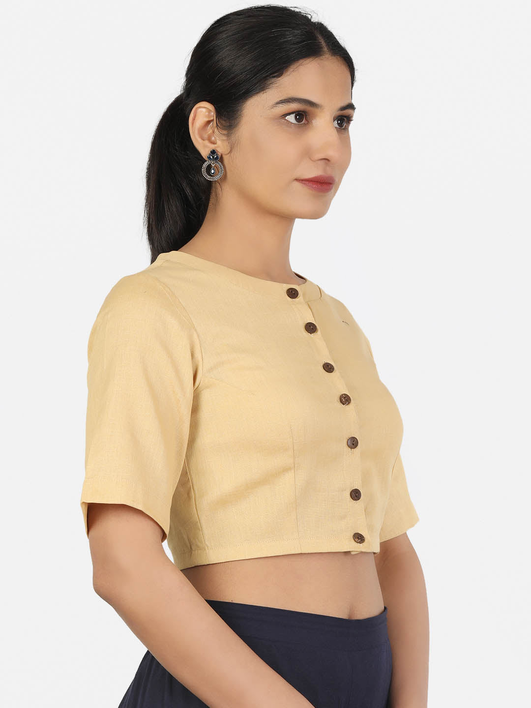 Women Beige Non Padded front Button Mandrin collar Saree Blouse