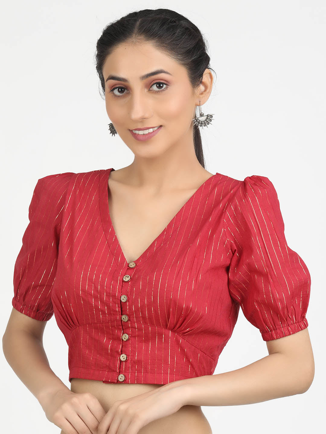 Women Red & Gold Woven Cotton Ready To Wear Non Padded Saree Blouse