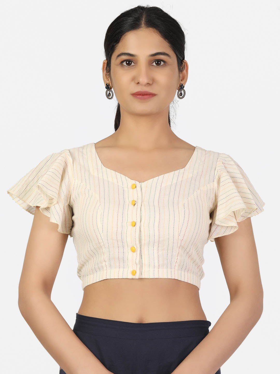 Women Cream Colour Butterfly Sleeve Sweetheart Neck Front Button Non Padded Saree Blouse