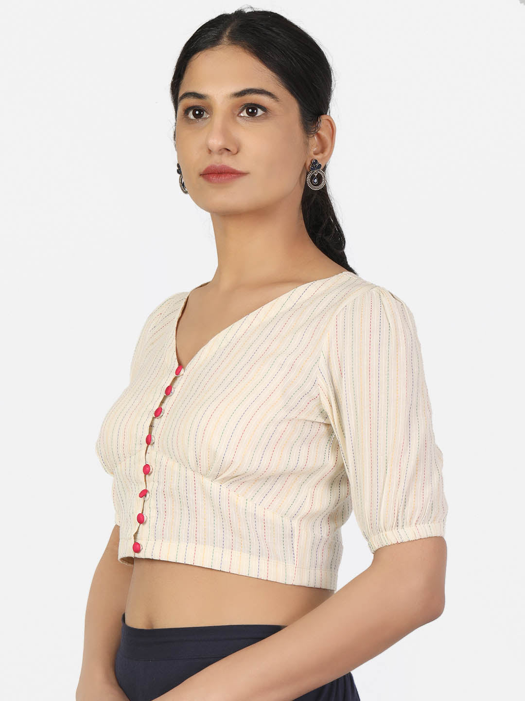 Women Cream Colour half Sleeve V Neck Front Button Non Padded Saree Blouse