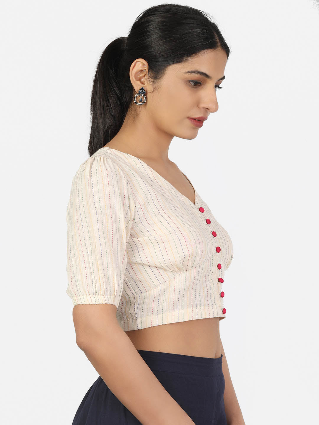 Women Cream Colour half Sleeve V Neck Front Button Non Padded Saree Blouse