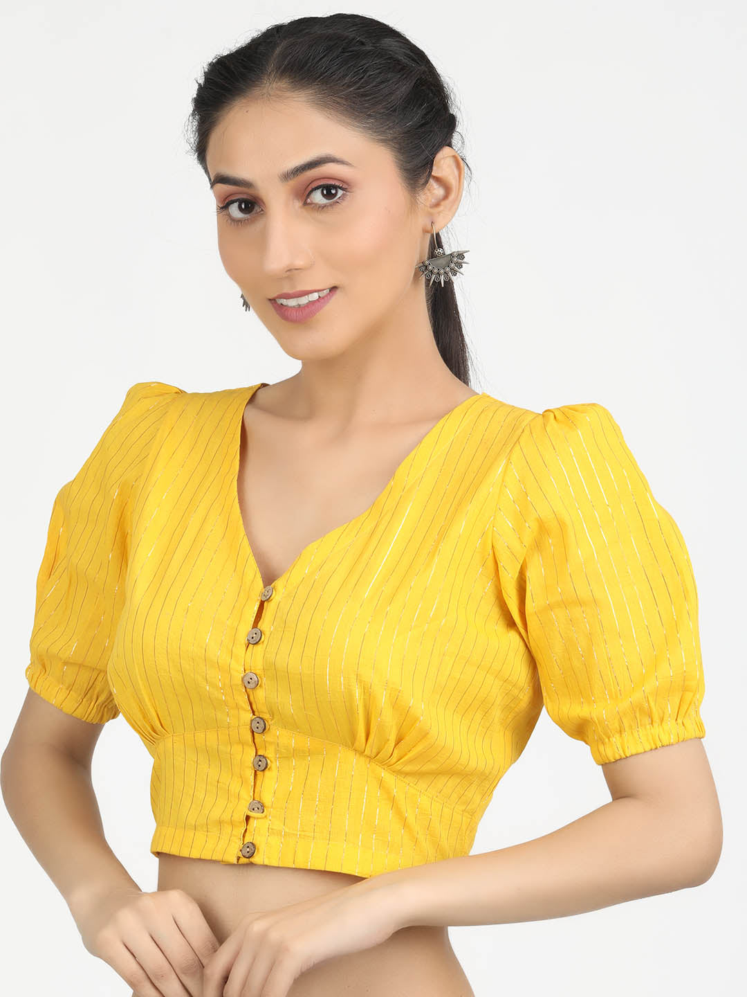 Women Yellow & Gold Woven Cotton Ready To Wear Non Padded Saree Blouse