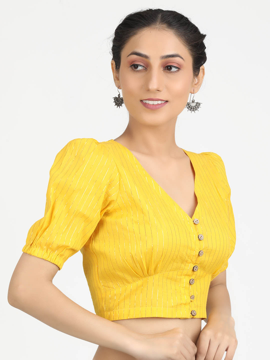 Women Yellow & Gold Woven Cotton Ready To Wear Non Padded Saree Blouse