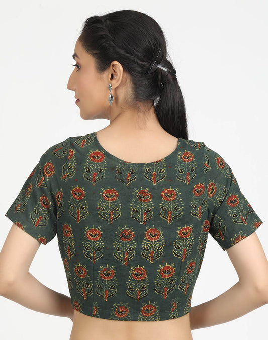 Women Green Ajrakh Print Cotton Ready To Wear Non Padded Saree Blouse