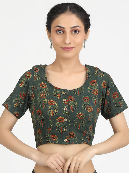 Women Green Ajrakh Print Cotton Ready To Wear Non Padded Saree Blouse