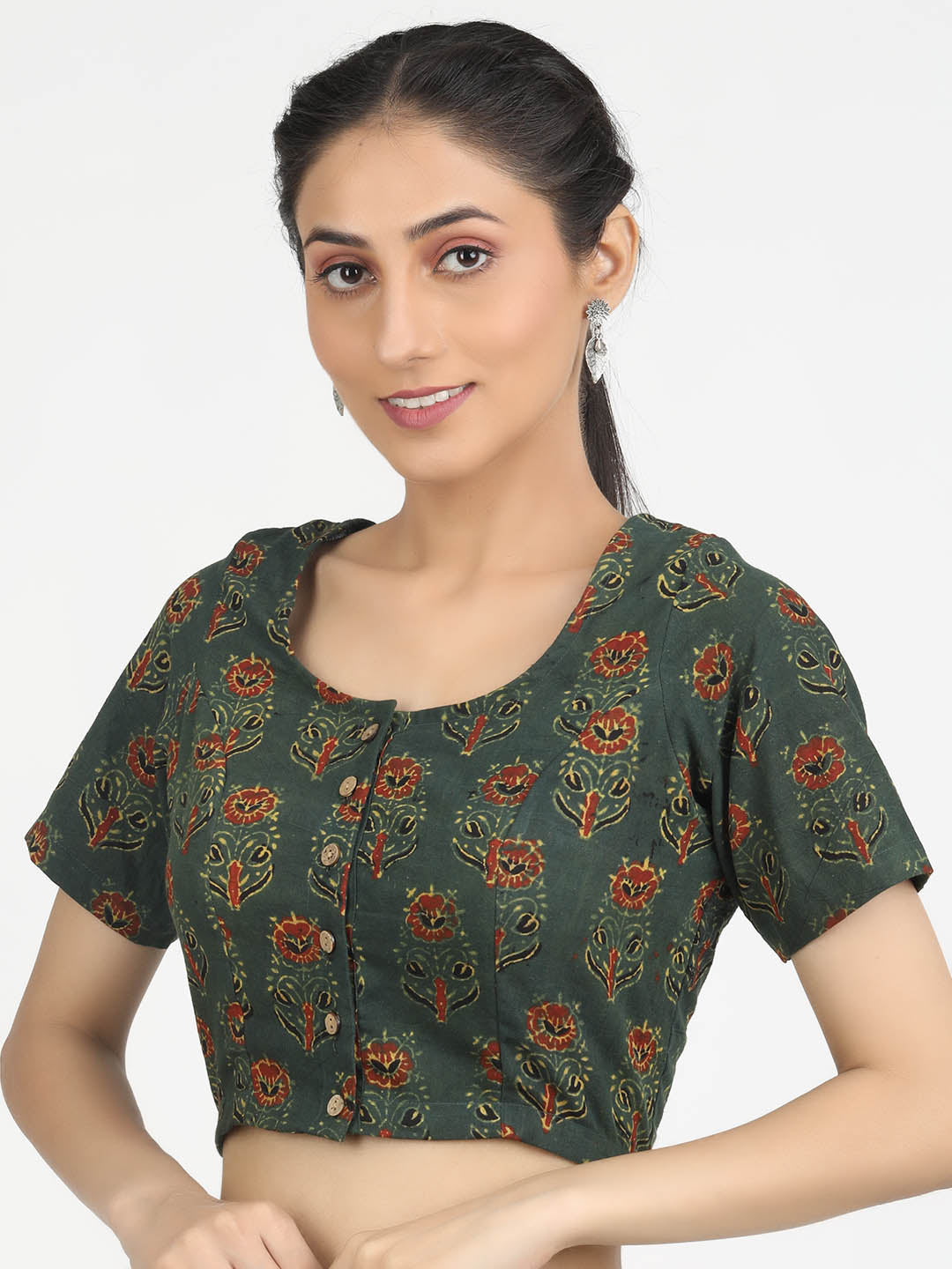 Women Green Ajrakh Print Cotton Ready To Wear Non Padded Saree Blouse