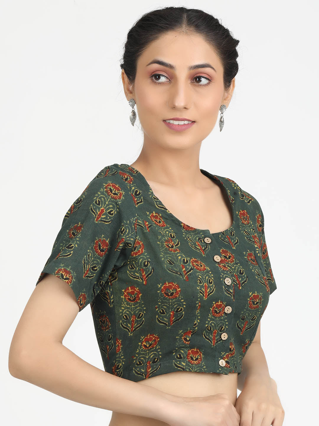 Women Green Ajrakh Print Cotton Ready To Wear Non Padded Saree Blouse