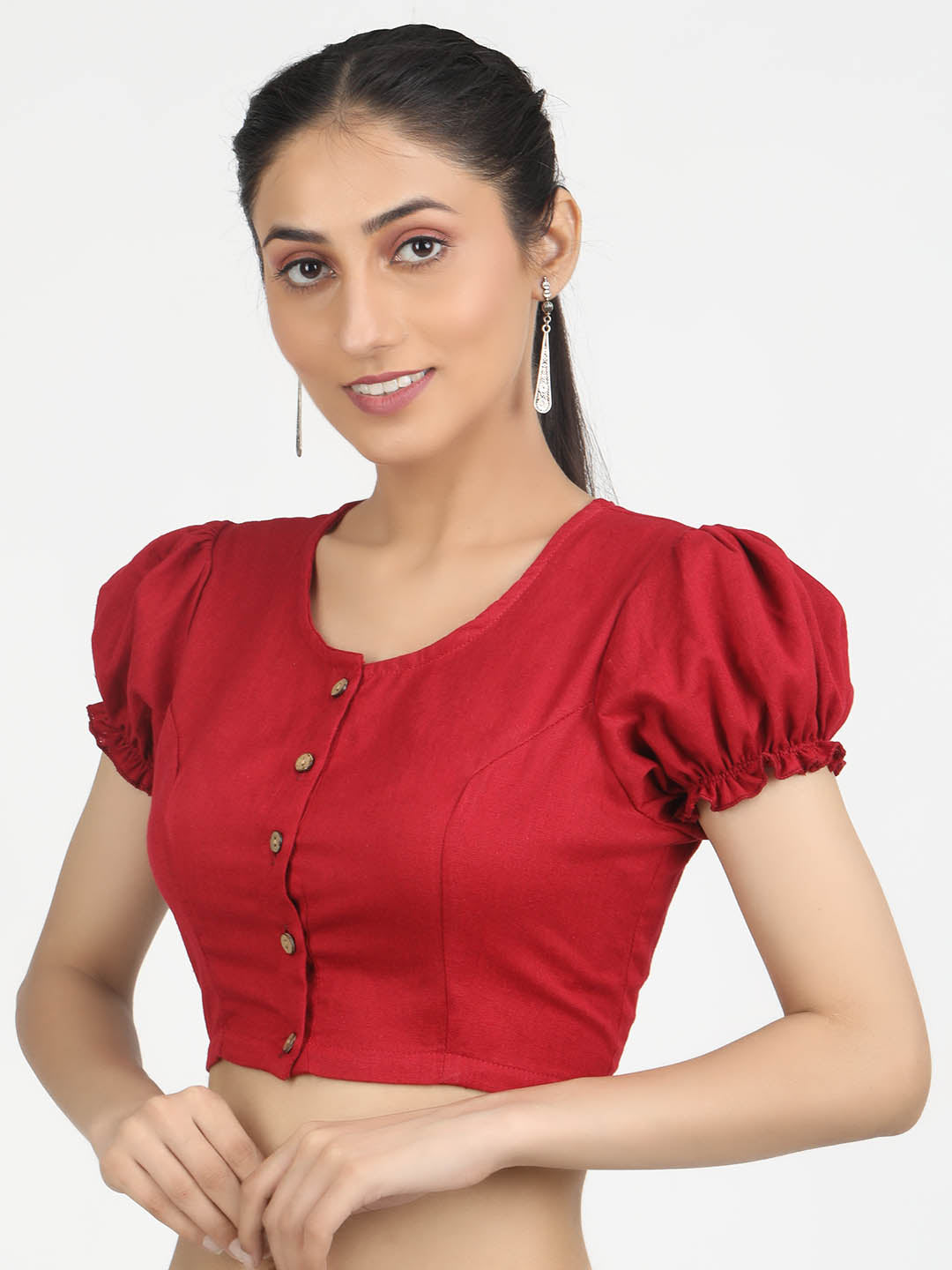 Women Solid Rose Red Cotton Ready To Wear Non Padded Saree Blouse
