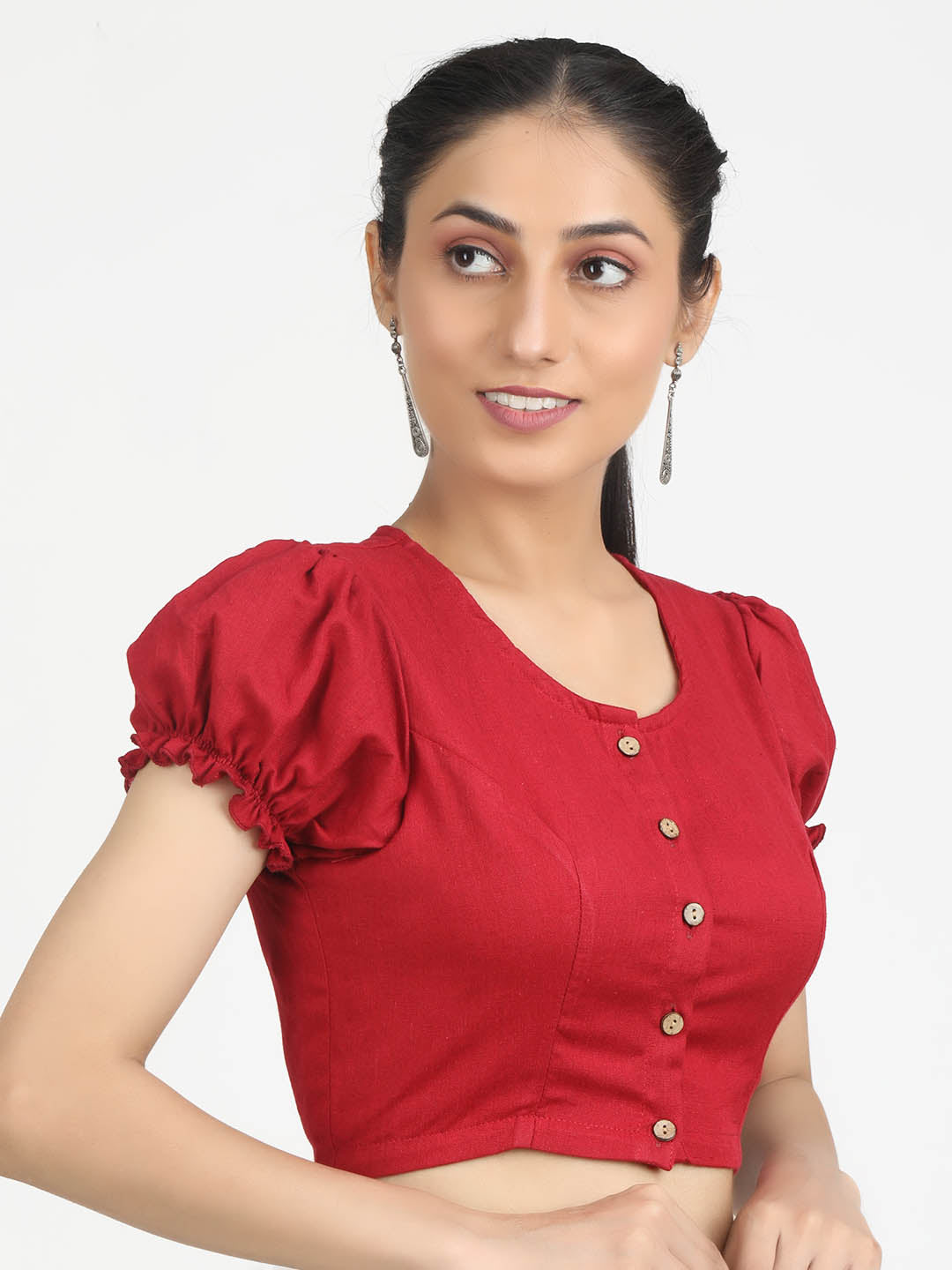 Women Solid Rose Red Cotton Ready To Wear Non Padded Saree Blouse