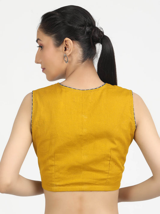 Women Solid  Mustard Cotton Ready To Wear Non Padded Saree Blouse