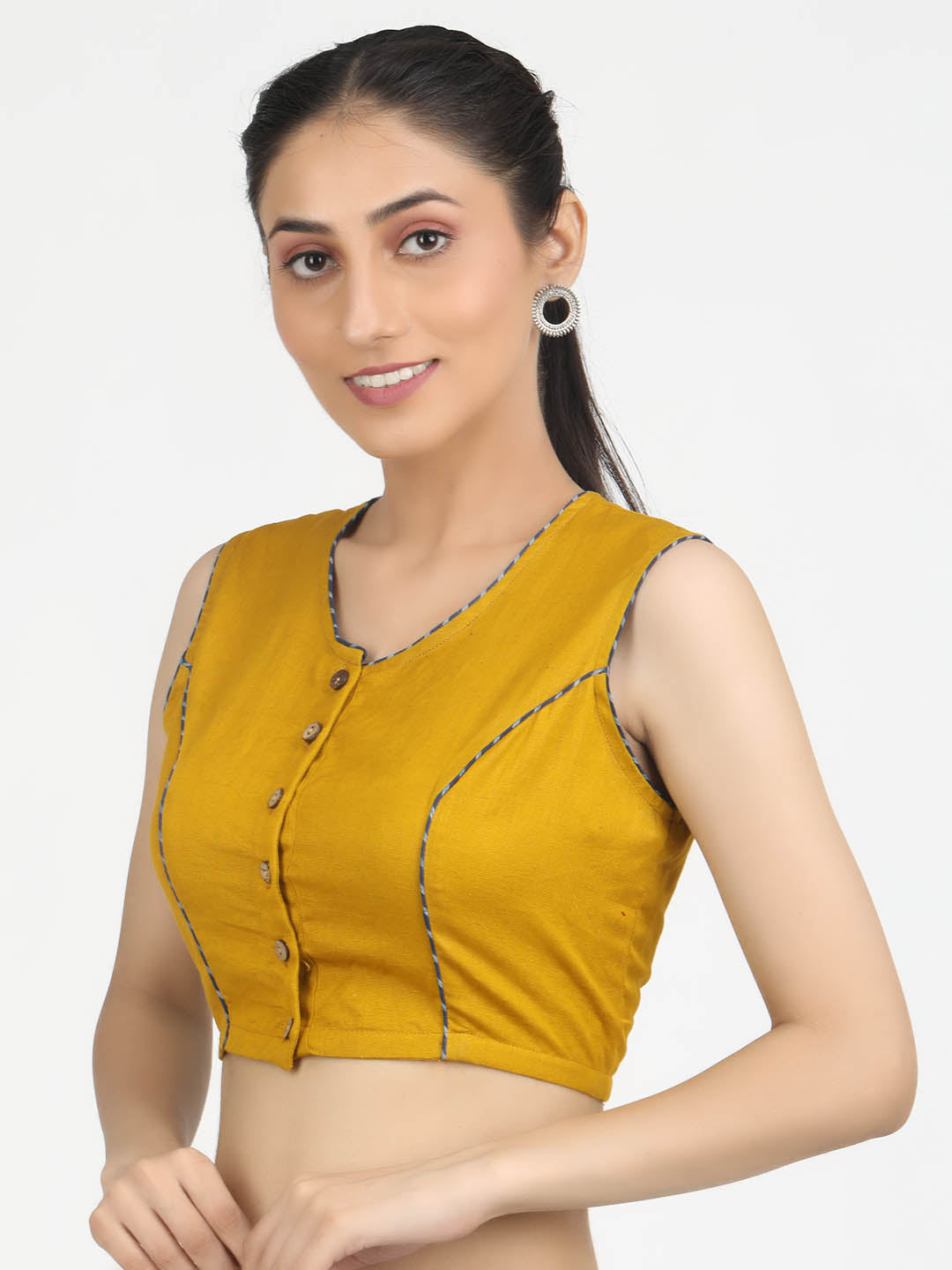 Women Solid  Mustard Cotton Ready To Wear Non Padded Saree Blouse