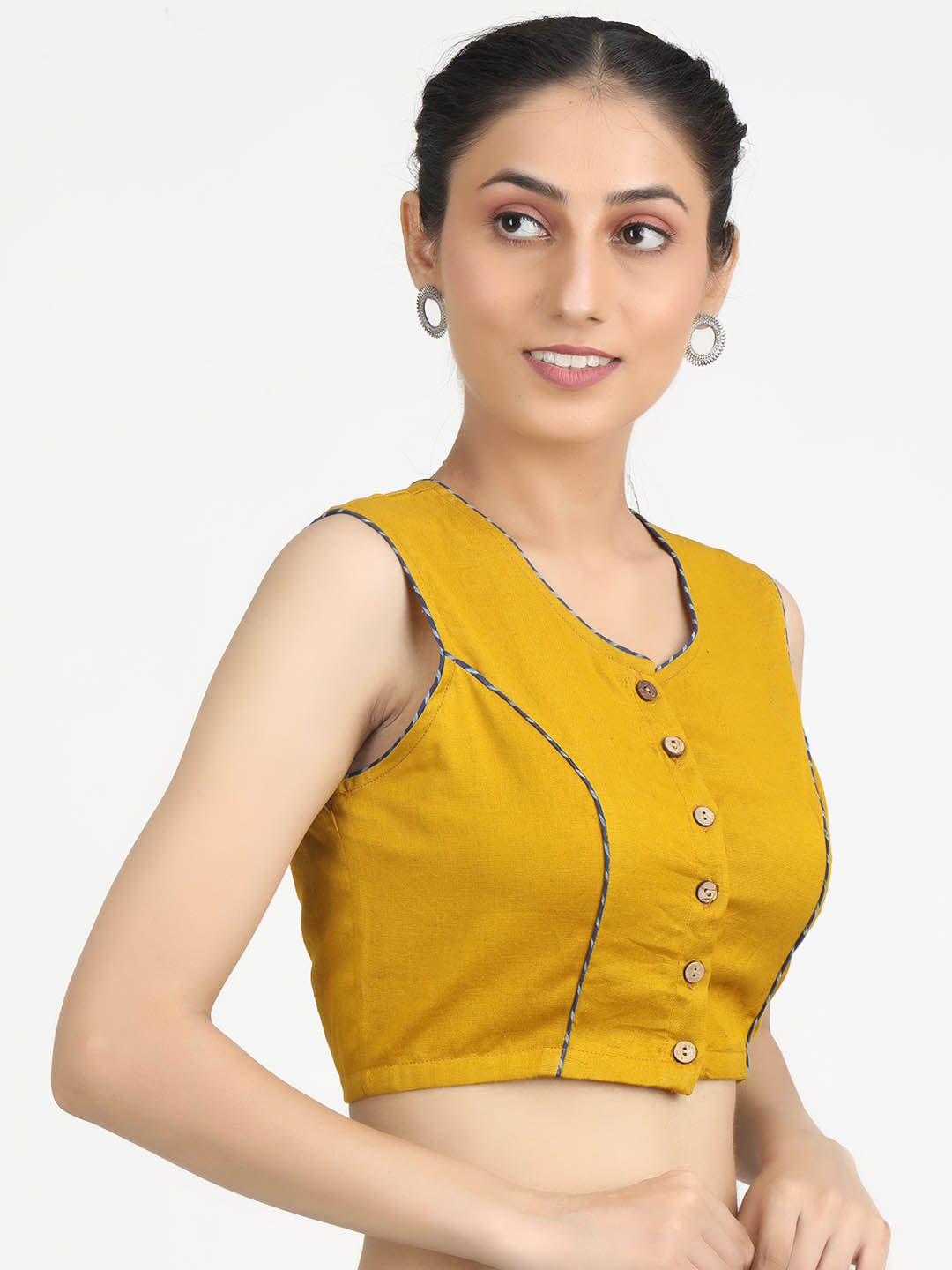 Women Solid  Mustard Cotton Ready To Wear Non Padded Saree Blouse