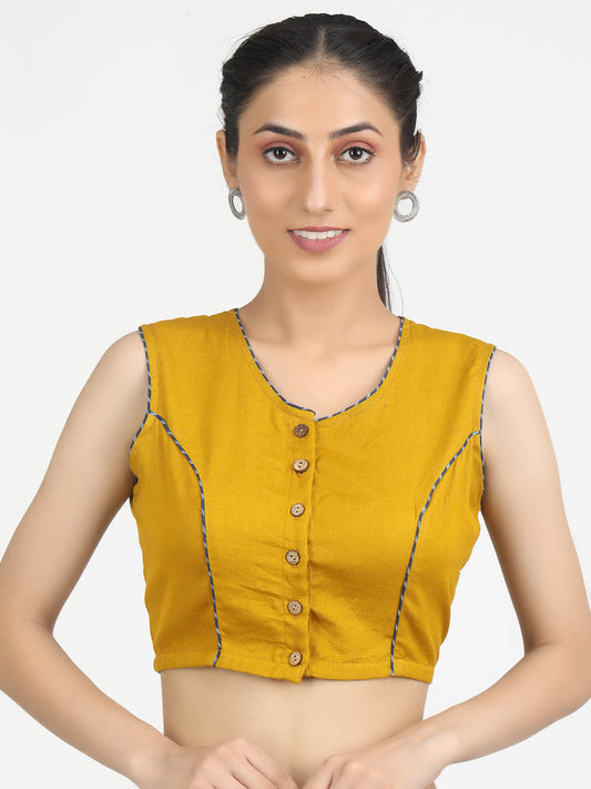 Women Solid  Mustard Cotton Ready To Wear Non Padded Saree Blouse