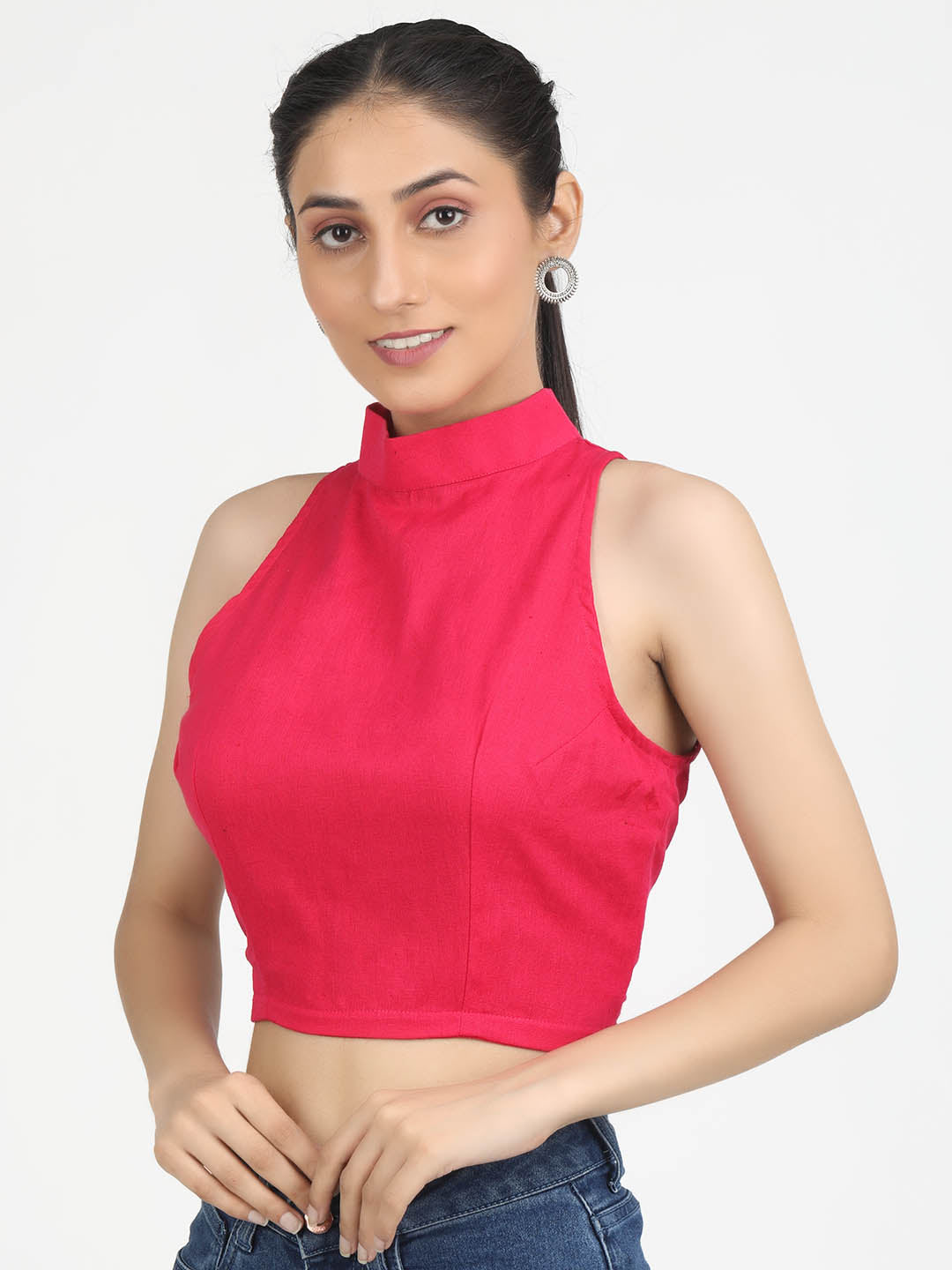 Women Solid Magenta Cotton Ready To Wear Non Padded Saree Blouse