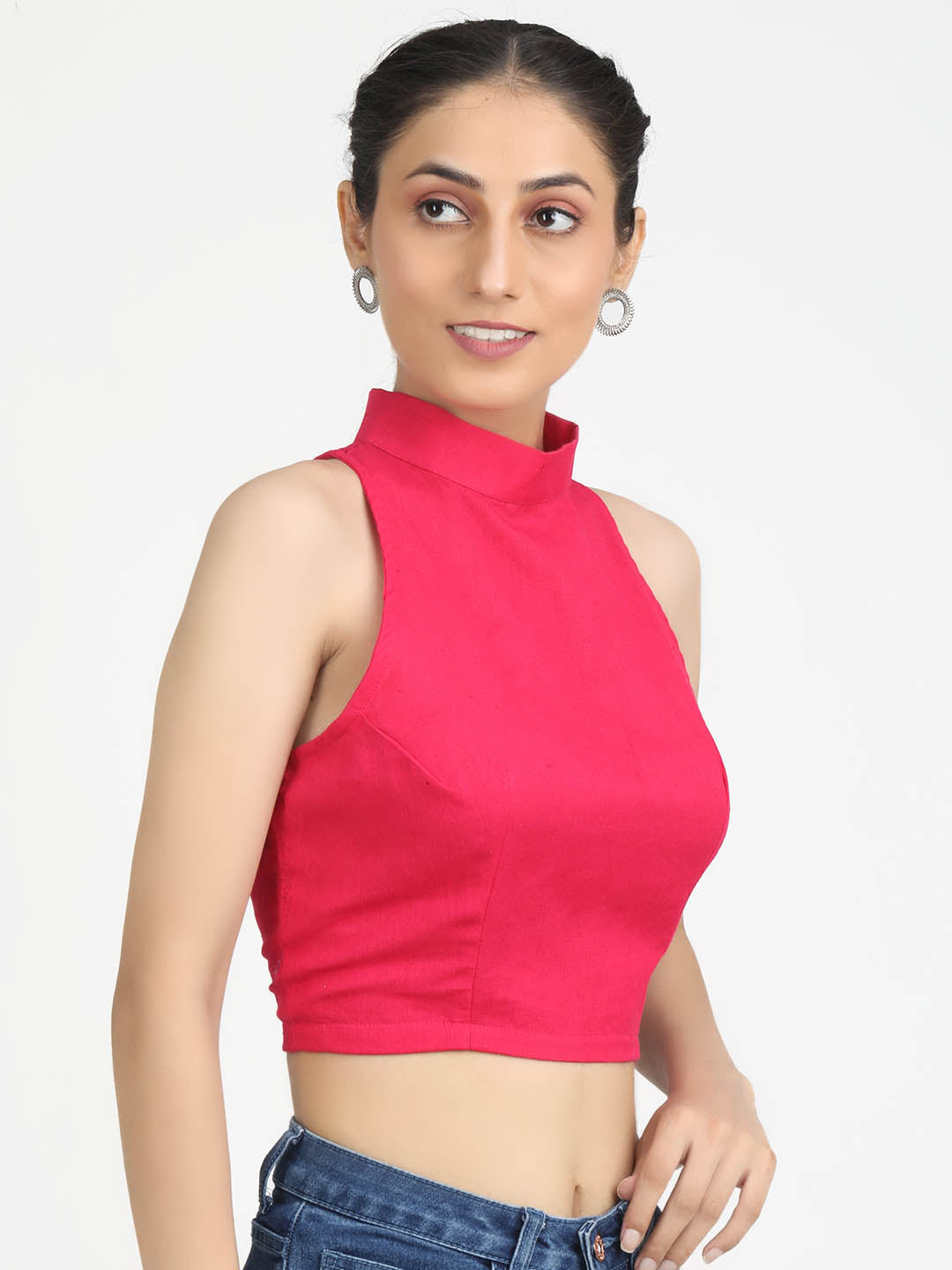 Women Solid Magenta Cotton Ready To Wear Non Padded Saree Blouse
