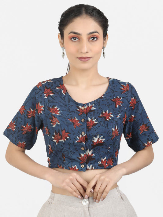 Women Blue Block Printed Cotton Ready To Wear Non Padded Saree Blouse