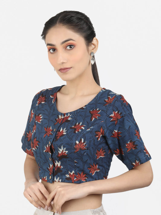 Women Blue Block Printed Cotton Ready To Wear Non Padded Saree Blouse
